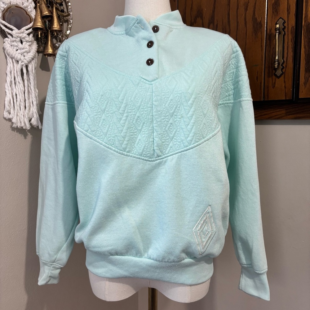 Vintage Quilted Henley Sweatshirt Mock Neck Fleece Pullover Size Small